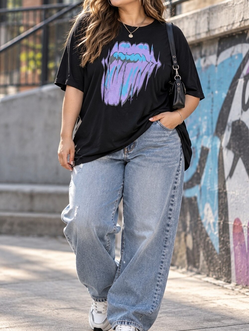 The Rolling Stones Plus Size Black Graphic Tee Purple Teal Y2K Rock Band